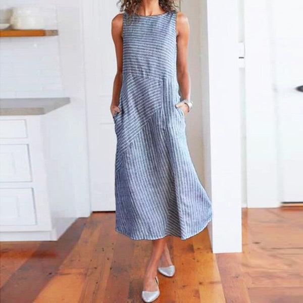 Maxi Dresses for Women 2022 Summer Elegant Sexy Party Dress Casual Striped Sleeveless Linen Pocket Sundress Long Dress vestidos