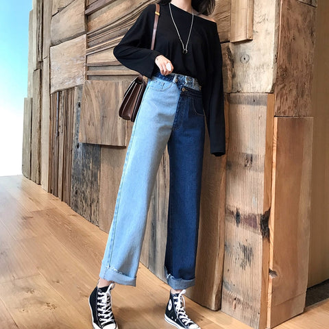 Mazefeng Spring Women High Waist Patchwork Hit Color Vintage Jeans Female Straight Casual Denim Pants Women Loose Style