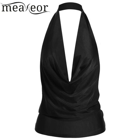 Halter Pleated Solid Backless Sexy Tops Women Deep V-Neck Sleeveless Top Clothes Casual Summer Tops Female Clothing
