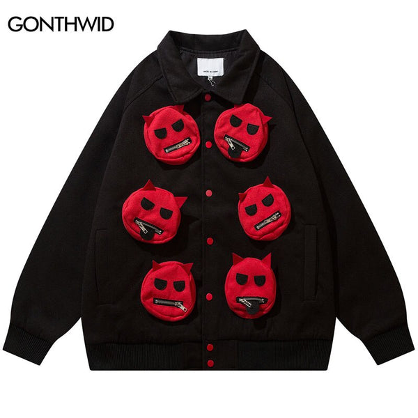 Men Baseball Jacket Y2K Grunge Streetwear Hip Hop Multi Devil Zipper Pockets Bomber Coat 2023 Autumn Harajuku Top Couple