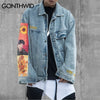 Men Denim Jacket Streetwear Hip Hop Embroidery Letter Van Gogh Patchwork Loose Jean Jackets Harajuku Casual Loose Jacket Blue