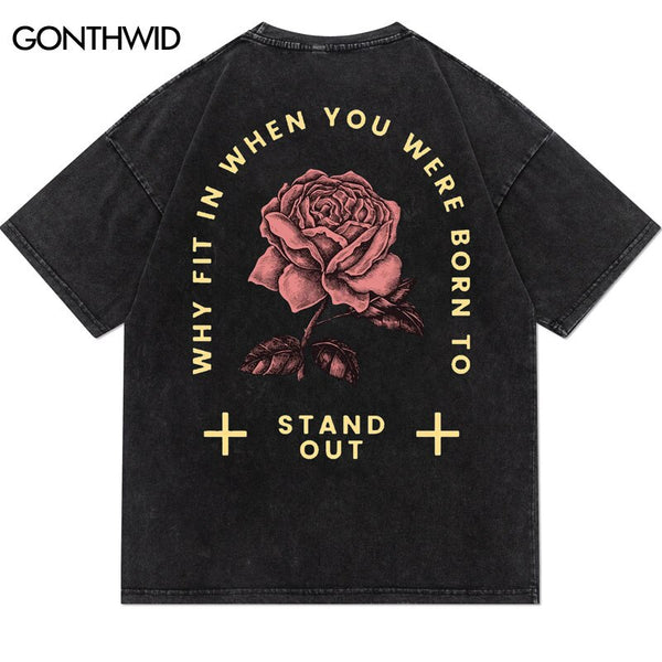 Men Distressed Punk T Shirts Hip Hop Rose Floral Letter Print Gothic Rock Streetwear Tshirt Harajuku Casual Cotton Tee Top Black