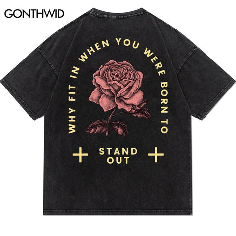 Men Distressed Punk T Shirts Hip Hop Rose Floral Letter Print Gothic Rock Streetwear Tshirt Harajuku Casual Cotton Tee Top Black