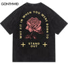 Men Distressed Punk T Shirts Hip Hop Rose Floral Letter Print Gothic Rock Streetwear Tshirt Harajuku Casual Cotton Tee Top Black