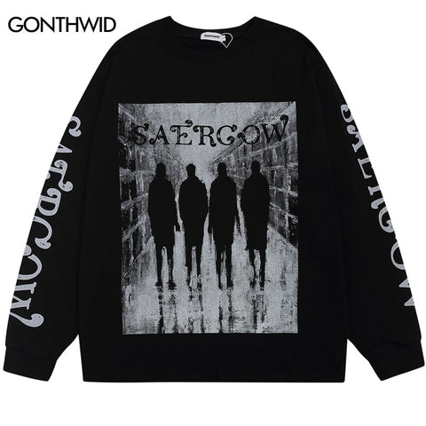 Men Goth Shirts Hip Hop Vintage Graphic Print Oversized Long Sleeve Cotton T-Shirt Streetwear 2023 Harajuku Casual Loose Tshirt