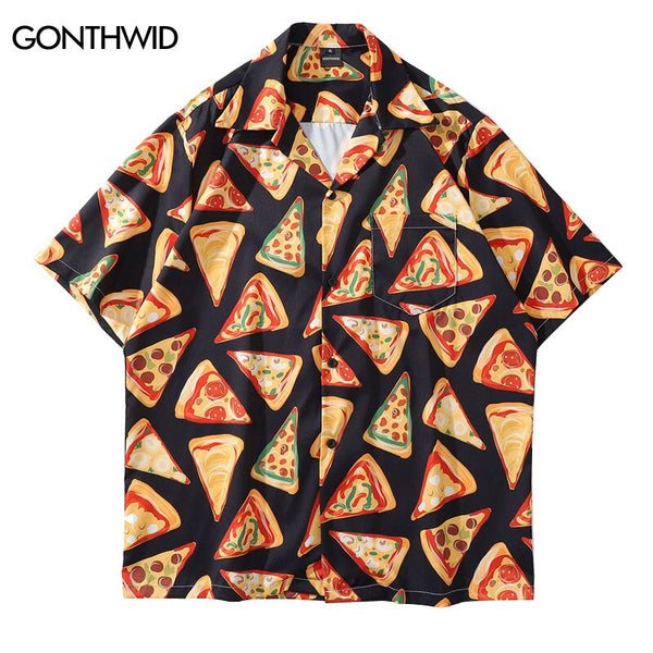Men Hawaiian Beach Shirt Streetwear Harajuku Pizza Print Short Sleeve Button Down Shirts Summer Hip Hop Casual Loose Shirt Top