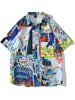 Men Hawaiian Shirt Streetwear Hip Hop Graffiti Print Short Sleeve Button Up Blouse Shirts Harajuku Summer Casual Loose Shirt Top