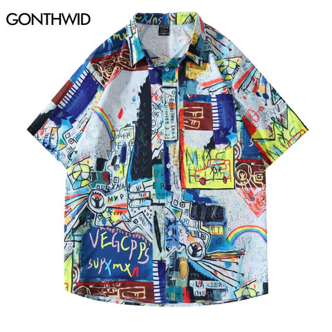 Men Hawaiian Shirt Streetwear Hip Hop Graffiti Print Short Sleeve Button Up Blouse Shirts Harajuku Summer Casual Loose Shirt Top