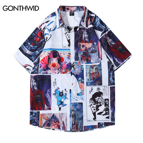 Men Hawaiian Shirts Streetwear Japanese Style Vintage Print Pocket Shirt Hip Hop Summer Casual Short Sleeve Button Up Shirts Top