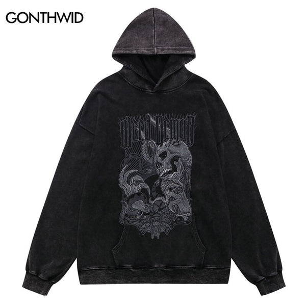 Men Hip Hop Hoodie Streetwear Vintage Skeleton Skull Devil Print Distressed Washed Hooded Sweatshirt 2023 Harajuku Retro Hoodie