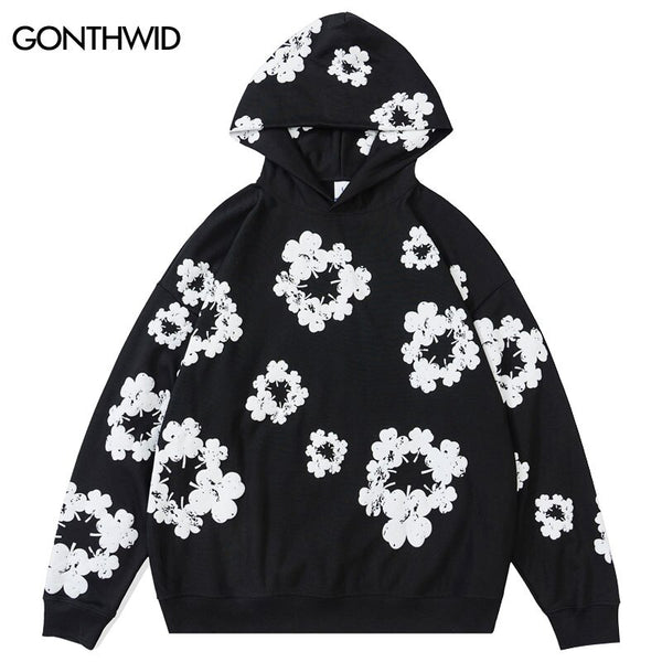 Men Hip Hop Hoodie Streetwear Y2K Grunge Harajuku Floral Print Hooded Sweatshirt Casual Loose Punk Goth Pullover Couple