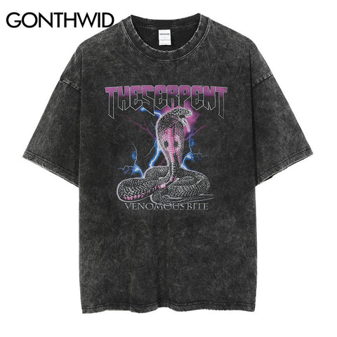 Men Hip Hop Streetwear T Shirts Vintage Lightning Serpent Print Punk Gothic Cotton Tshirts 2023 Harajuku Retro Short Sleeve Tees