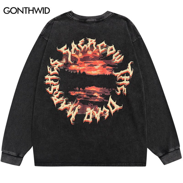 Men Hip Hop T Shirts Streetwear Letter Print Long Sleeve Oversize Distressed Washed Tshirt 2023 Harajuku Cotton Casual Loose Top