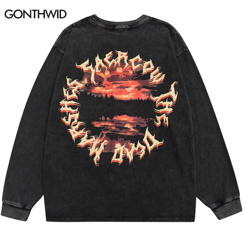 Men Hip Hop T Shirts Streetwear Letter Print Long Sleeve Oversize Distressed Washed Tshirt 2023 Harajuku Cotton Casual Loose Top