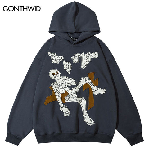 Men Hoodie Sweatshirt Y2K Hip Hop Embroidery Skull Skeleton Letter Hooded Streetwear Harajuku Casual Loose Punk Gothic Pullover