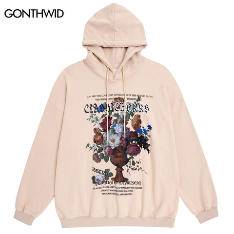 Men Hoodie Sweatshirt Y2K Streetwear Vintage Floral Letter Print Pullover Hooded Hip Hop Harajuku Casual Cotton Loose
