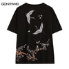 Men Japan Style Tshirt Streetwear Harajuku Japanese Embroidery Crane Print Cotton T-Shirt 2023 Summer Casual Short Sleeve Top