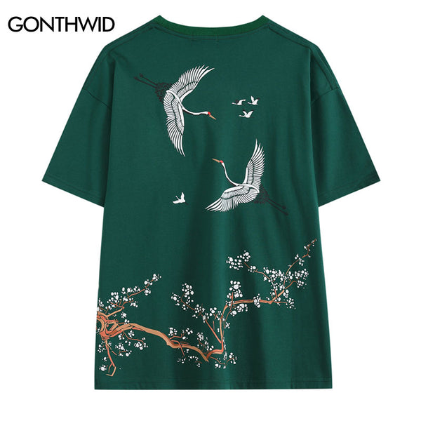 Men Japan Style Tshirt Streetwear Harajuku Japanese Embroidery Crane Print Cotton T-Shirt 2023 Summer Casual Short Sleeve Top