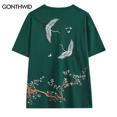 Men Japan Style Tshirt Streetwear Harajuku Japanese Embroidery Crane Print Cotton T-Shirt 2023 Summer Casual Short Sleeve Top