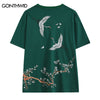 Men Japan Style Tshirt Streetwear Harajuku Japanese Embroidery Crane Print Cotton T-Shirt 2023 Summer Casual Short Sleeve Top