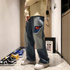 Men Jeans Hip Hop Patchwork Oversized Straight Jean Pants 2022 Mens Red Heart Print jeans  Streetwear Denim Pants
