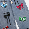 Men Jeans Pants Vintage Embroidery Bow Straight Pants Streetwear 2023 Harajuku Retro Casual Loose Baggy Denim Trousers