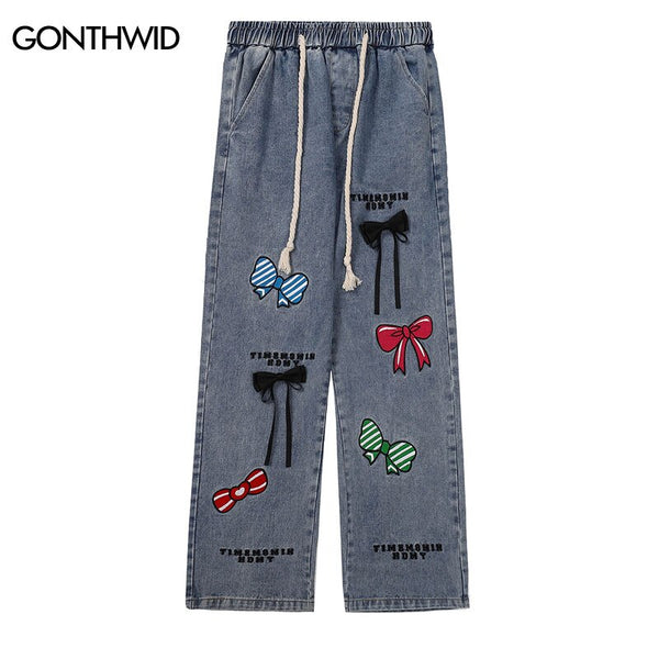 Men Jeans Pants Vintage Embroidery Bow Straight Pants Streetwear 2023 Harajuku Retro Casual Loose Baggy Denim Trousers