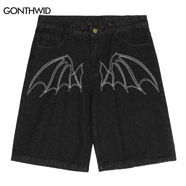 Men Jeans Shorts Black Y2K Streetwear Hip Hop Embroidery Bat Letter Wide Leg Punk Gothic Denim Shorts Harajuku Baggy Shorts