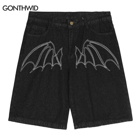 Men Jeans Shorts Black Y2K Streetwear Hip Hop Embroidery Bat Letter Wide Leg Punk Gothic Denim Shorts Harajuku Baggy Shorts