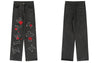 Men Jeans Streetwear Hip Hop Embroidery Cross Patch Rose Letter Straight Baggy Denim Pants 2023 Harajuku Casual Loose Trousers