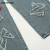 Men Jeans Streetwear Hip Hop Embroidery Cross Patch Rose Letter Straight Baggy Denim Pants 2023 Harajuku Casual Loose Trousers