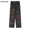 Men Jeans Streetwear Hip Hop Embroidery Cross Patch Rose Letter Straight Baggy Denim Pants 2023 Harajuku Casual Loose Trousers