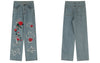 Men Jeans Streetwear Hip Hop Embroidery Cross Patch Rose Letter Straight Baggy Denim Pants 2023 Harajuku Casual Loose Trousers