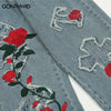 Men Jeans Streetwear Hip Hop Embroidery Cross Patch Rose Letter Straight Baggy Denim Pants 2023 Harajuku Casual Loose Trousers