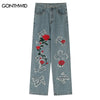 Men Jeans Streetwear Hip Hop Embroidery Cross Patch Rose Letter Straight Baggy Denim Pants 2023 Harajuku Casual Loose Trousers