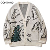 Men Knitted Cardigan Sweater Harajuku Funny Dinosaur Jumpers Sweaters 2023 Autumn Casual Loose Knit Jacket Coats Male