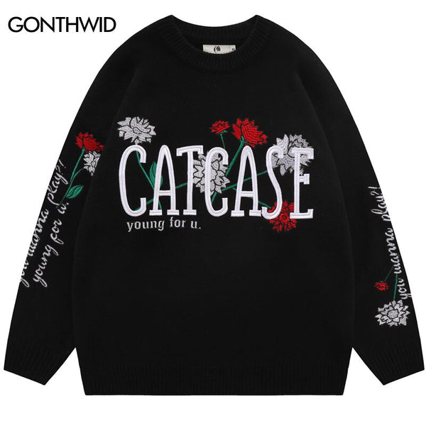 Men Knitted Sweater Harajuku Embroidery Floral Letter Jumpers Sweaters Autumn Hip Hop Casual Cotton Pullover Sweater