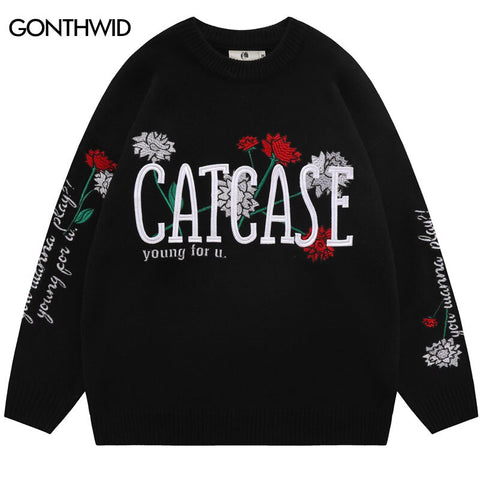 Men Knitted Sweater Harajuku Embroidery Floral Letter Jumpers Sweaters Autumn Hip Hop Casual Cotton Pullover Sweater