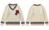 Men Knitted Sweater Korean Embroidery Letter V Neck Pullover Jumper Sweaters Streetwear Hip Hop Harajuku Casual Sweater