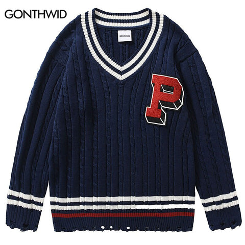 Men Knitted Sweater Korean Embroidery Letter V Neck Pullover Jumper Sweaters Streetwear Hip Hop Harajuku Casual Sweater