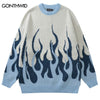 Men Knitted Sweater Y2K Harajuku Fire Flame Jumpers Sweaters Streetwear 2023 Autumn Hip Hop Casual Pullover Sweater Blue Orange