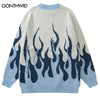 Men Knitted Sweater Y2K Harajuku Fire Flame Jumpers Sweaters Streetwear 2023 Autumn Hip Hop Casual Pullover Sweater Blue Orange