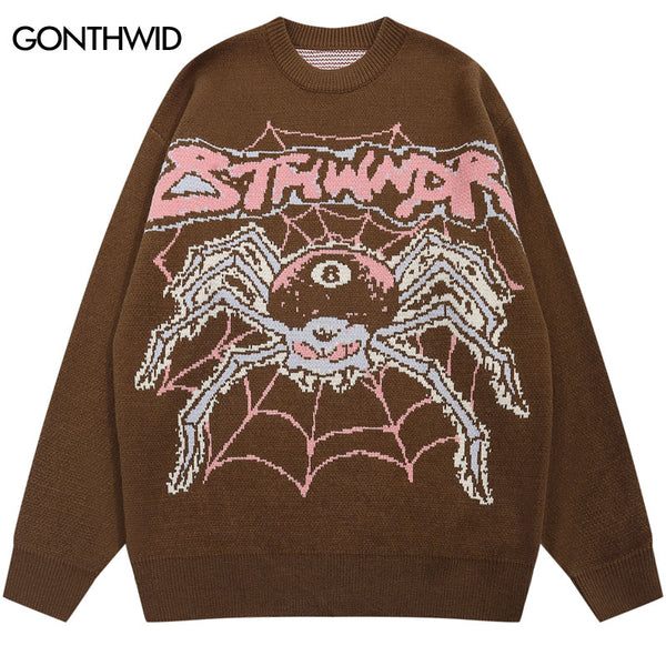 Men Knitted Sweater Y2K Streetwear Hip Hop Spider Pullover Jumpers Sweaters 2023 Autumn Harajuku Casual Punk Gothic Male