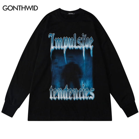 Men Long Sleeve T-Shirt Hip Hop Graphic Print Punk Gothic Cotton Tshirt Streetwear 2023 Harajuku Casual Loose Shirts Top