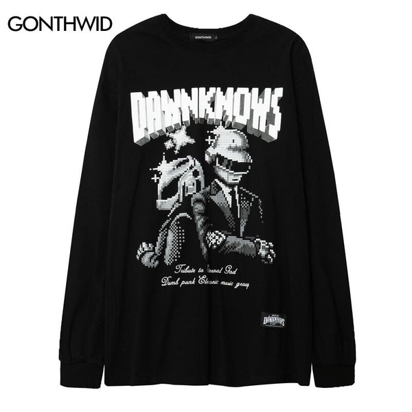 Men Long Sleeve T-Shirt Hip Hop Pixel Graphic Print Tshirt Streetwear 2023 Autumn Harajuku Casual Cotton Shirts Tops Tee