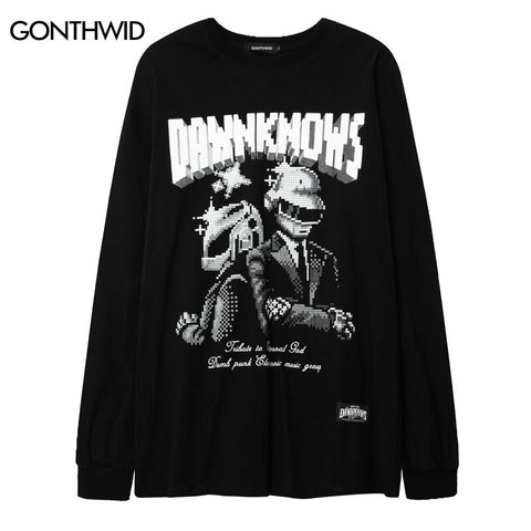 Men Long Sleeve T-Shirt Hip Hop Pixel Graphic Print Tshirt Streetwear 2023 Autumn Harajuku Casual Cotton Shirts Tops Tee