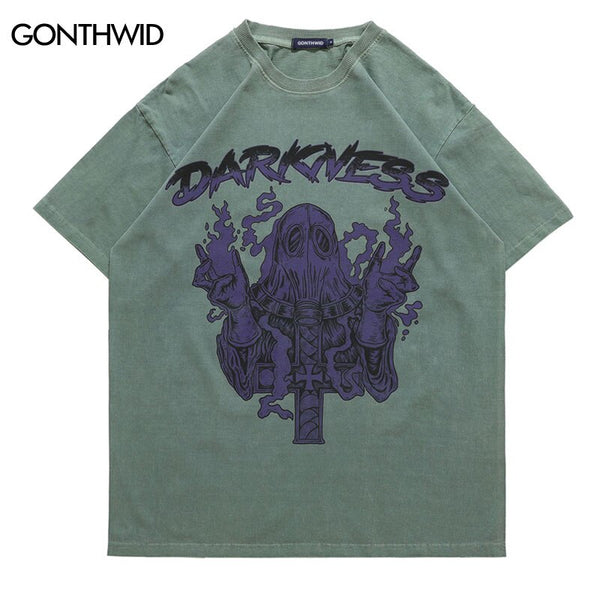 Men Oversized Distressed T-Shirts Hip Hop Mask Ghost Graphic Print Punk Gothic Tshirt Streetwear Casual Cotton Short Sleeve Top