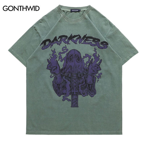 Men Oversized Distressed T-Shirts Hip Hop Mask Ghost Graphic Print Punk Gothic Tshirt Streetwear Casual Cotton Short Sleeve Top