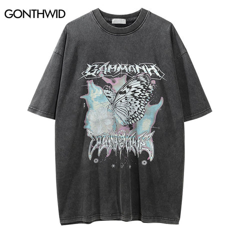 Men Punk Gothic Distressed T-Shirt Hip Hop Butterfly Print Tshirt Streetwear Harajuku Casual Cotton T Shirt 2023 Summer Top Tee
