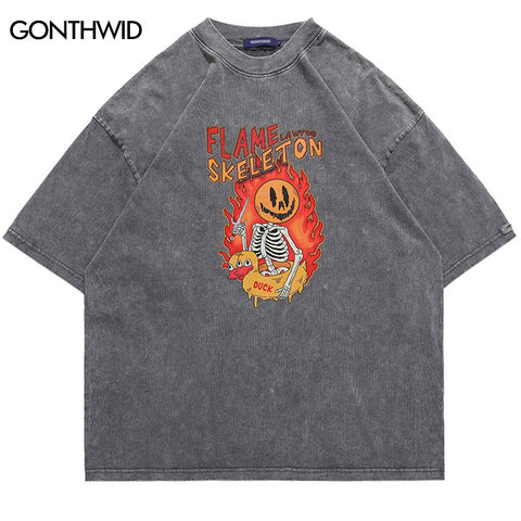 Men Punk Oversized Distressed Tshirt Hip Hop Funny Flame Skull Skeleton Print T Shirts Vintage Casual Short Sleeve Gothic Tshirt